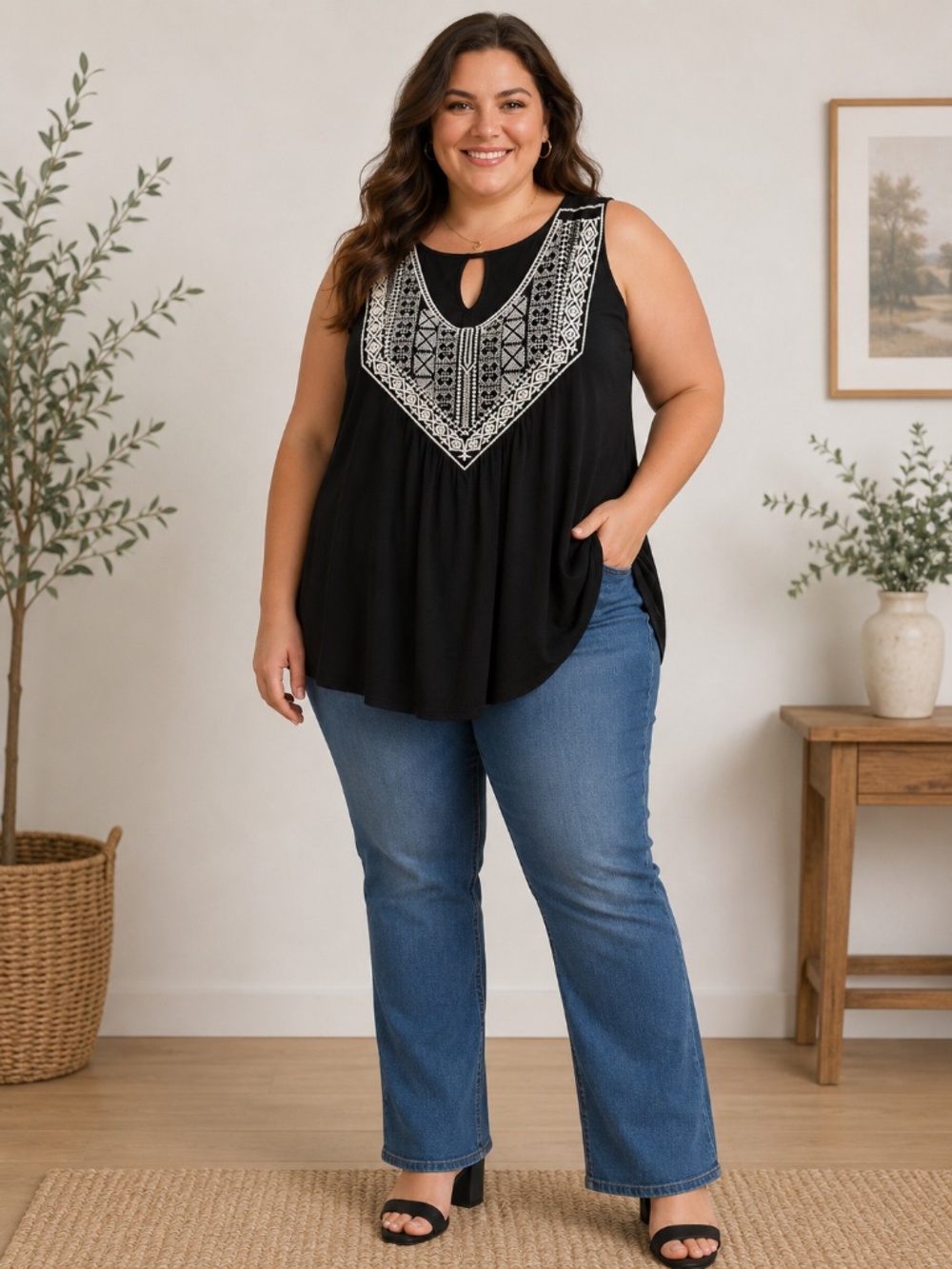 Green Envelope Los Angeles 3X Tank Top Black-Embroidered White Yoke-Keyhole Back